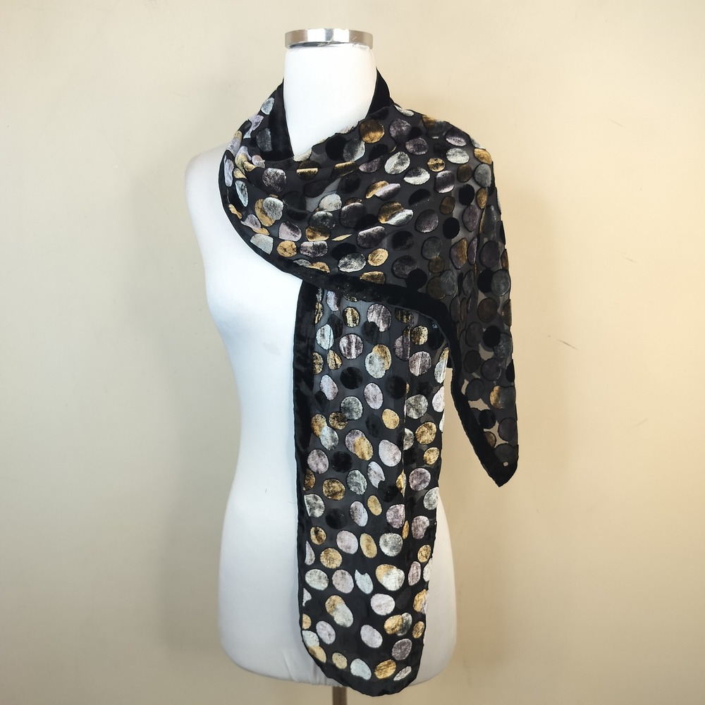 Women's Velvet Scarf Circle Polka Dot Sheer Metallic Elegant Black